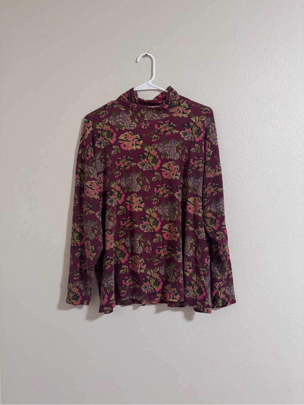 Eddie Bauer Burgundy Floral Mock Neck Top